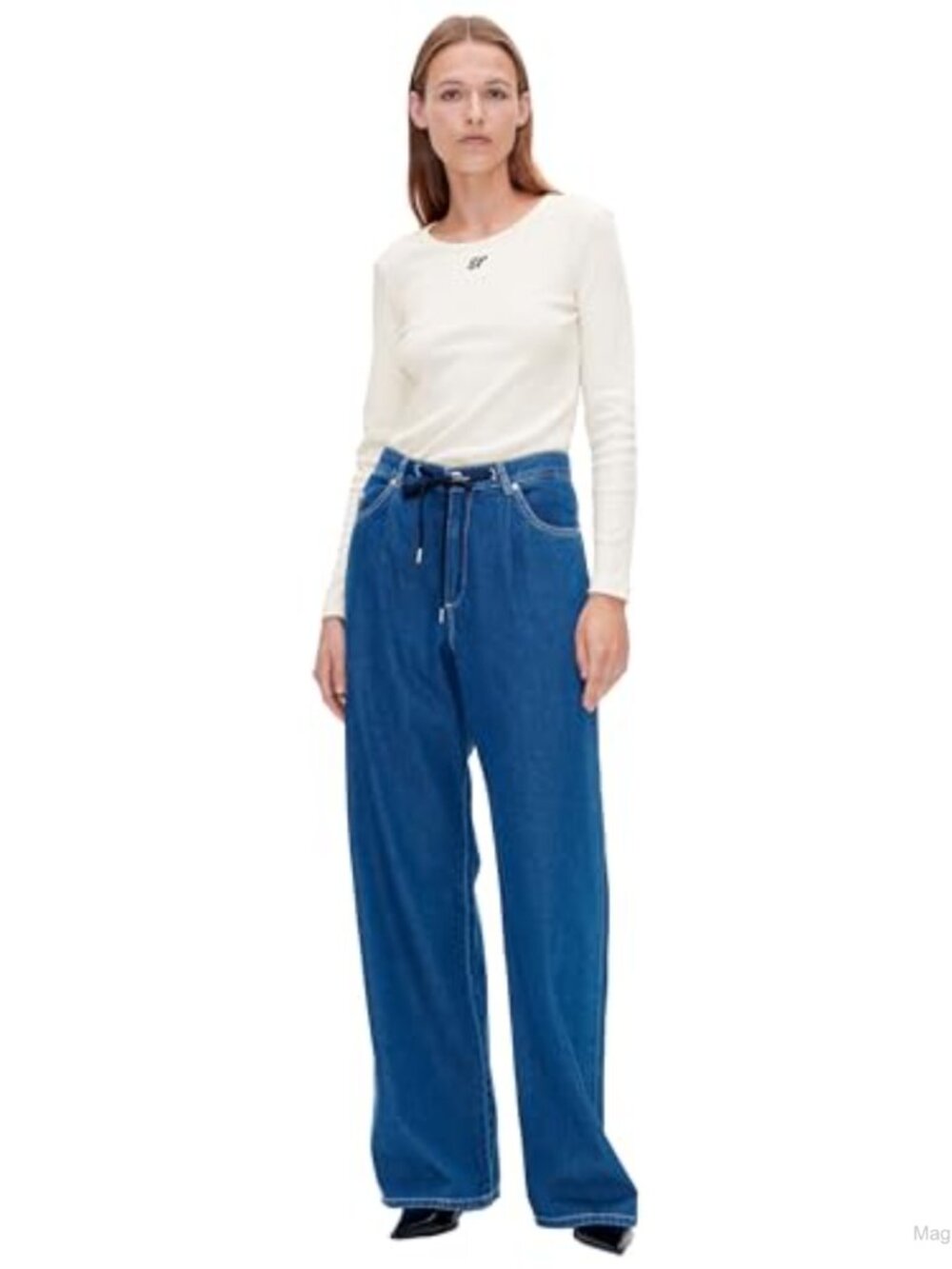 Mid-Rise Straight Leg Jeans with Drawstring Waist and Dropped Crotch